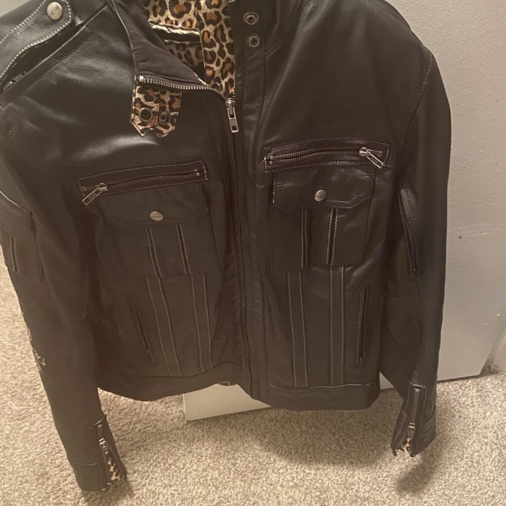 Black Leather Jacket with Leopard Lining